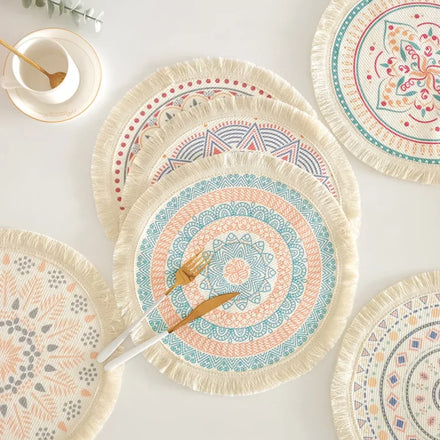Boho Woven Round Braided Cotton Placemats Place Mats with Fringe for Dining Tables Heat Resistant Table Mats