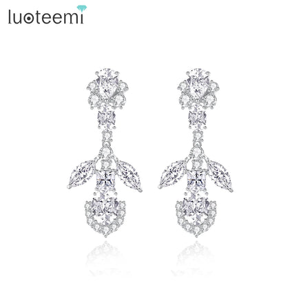 LUOTEEMI Lady Earing Woman Fashion Cubic Zirconia Luxury Flower Luxury Bridal Dangle Diamond Drop Earrings