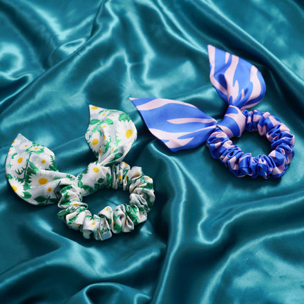 Luxury Custom Designer Printed Organic Bowknot Silk Elastic Hair Ties 5CM Large Hair Scrunchies Set With Custom Logo