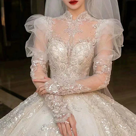 AL1311 2025 New Bride Big Tail Heavy Industry Luxury Style Princess High End White Long Sleeve Beaded Lace Wedding Dress