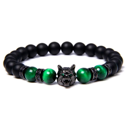 Hot Selling Natural Blue Green Tiger Eye Crystal Stone Handmade Wolf Head Stretch Charm Bracelets for Men Bangle Jewelry