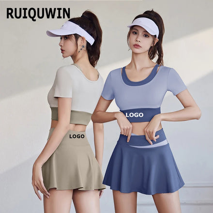 Custom LOGO Women Plus Size Workout Clothing Fitness Sports Wear 2 Piece T Shirt and Tennis Skirt Yoga Set