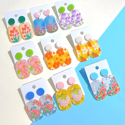 Simple Geometric Dangle Earrings Multicolor Acrylic Earrings Beautiful Floral Pattern Earrings for Women Girls