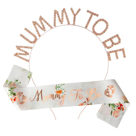 Floral Mummy to Be Sash Mum to Be Sash and Tiara Rhinestone Crown Headband Baby Shower Sash Party Decoration
