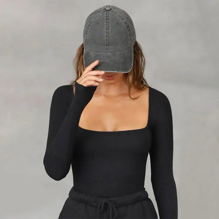 E220957 Custom Women's T-Shirts Long Sleeve T Shirt for Women Sexy Square Neck Soild Casual Ladies T Shirts for Women Tops
