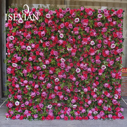 ISEVIAN Factory 3d Greenery Pink Roses Flower Wall Panel Backdrop Wedding Decoration