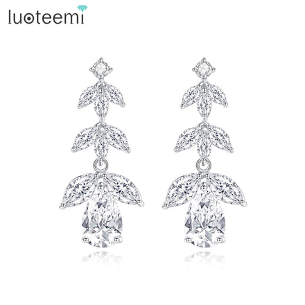 LUOTEEMI Woman Flower Earing Jewelry Wedding Zirconia Luxury Drop Large Fashion Cz Dangle Bridal Earrings