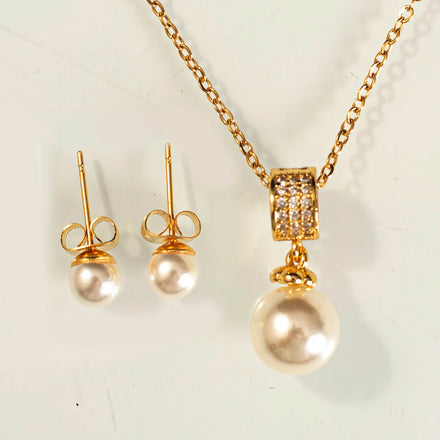 Crystal Round White Simulated Shell Pearl Pendant Stainless Steel Necklace Pearl Stud Earrings Set Gold Plated Jewelry for Women