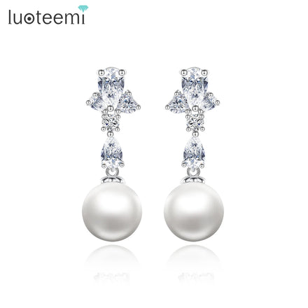 LUOTEEMI Cubic Zirconia Luxury Wedding Earing Elegant Designer Diamond Bridal Dangle Pearl Drop Earrings