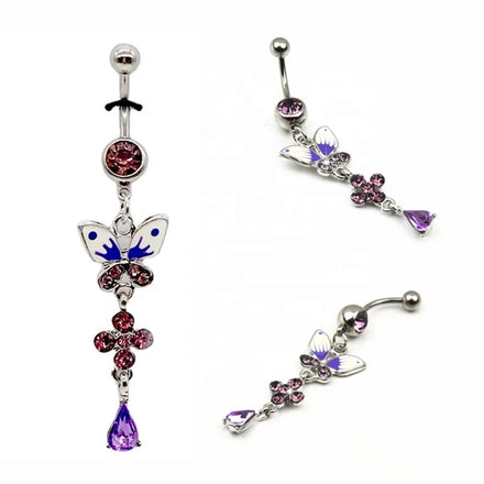 Dangling Crystal Animal Navel Button Rings Stainless Steel Barbell Enamel Butterfly Belly Ring Piercing Jewelry