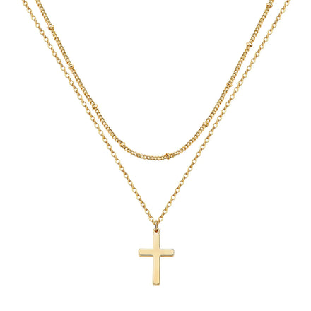Wholesale Titanium Small Cross Pendant Necklace Jewelry 18k Gold Beaded Chain Stainless Steel Double Layered Cross Necklace