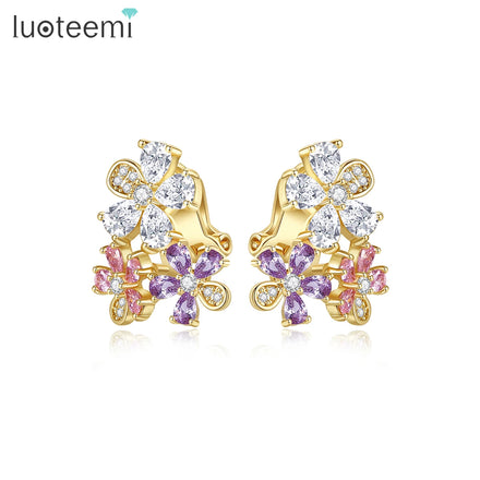LUOTEEMI Woman Statement Art Designer Elegant Gold Plated Earing Lady Clip Zirconia Flower No Hole Earrings
