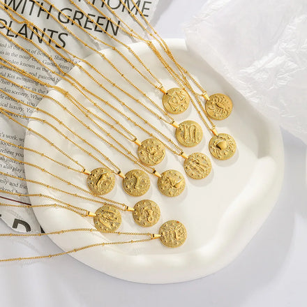 Simple Fashion Gold Stainless Steel Necklaces Twelve Constellations Pendant Fancy Chain for Party Anniversary Wedding Occasions
