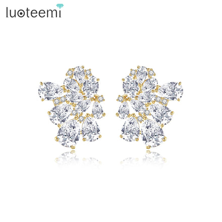 LUOTEEMI Woman Clear CZ Earing Fashion Designer Elegant Gold Plated Flower Lady Clip Big Stud Earrings