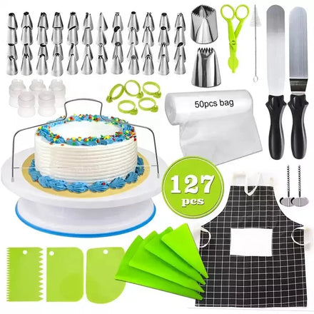 Best Selling 127 Pcs Baking Tools Custom Cake Supplies Tool Kit with Turntable Cotton Apron Icing Piping Cake Decoration