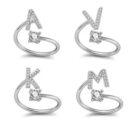 26 Alphabet Ring 925 Sterling Silver Claw Setting Round Zircon Letter Opening Adjustable Finger Ring for Women