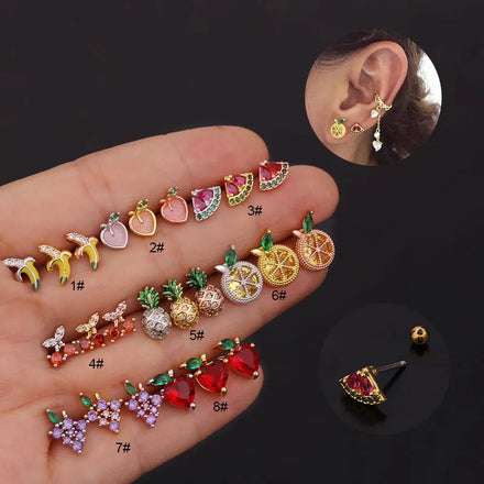 Personality Stainless Steel Thread Earrings Cute Inlaid Zircon Stud Earrings Creative Fruit Earrings for Women Girls