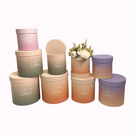 Gradient Round Flower Box Set 3 Hug Bucket Gift Box with Embossing and Matt Lamination Eco-Friendly Recycled Materials
