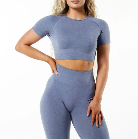 Seamless Short Sleeve Workout Crop Top for Women High Waist Gym Yoga Fitness T-Shirt