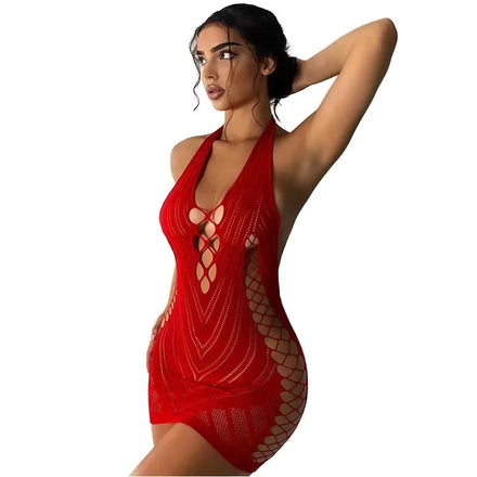 Women's Off-Shoulder Mini Bodystocking Mesh Dress Sexy Stretchy Fishnet Lingerie Hollow Thin Night Club See-Through Dress