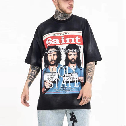 HL Factory Wholesale 100% Cotton Haevyweight Oversized Tshirt OEM Custom Printing Black Tee Shirt Men's Vintage Graphic T-shirt