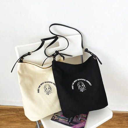 Adjustable Shoulder Strap Canvas Cartoon Printed Illustration Letter Logo Shoulder Strap Satchel Handbag Crossbody Messenger Bag