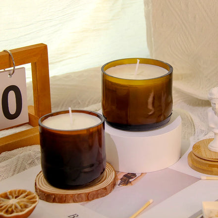 Wholesale Embossed round Glass Candle Jar with Lid Made Colored Empty Geo Cut Vessels for Christmas Candle Making