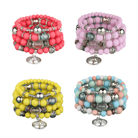 Estilo Bohemio 4-Piece Silver Plated Imitation Pearl Charm Bracelet Set with Tree of Life Beads for Women