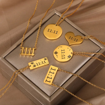 18K Gold Plated Necklace Geometric Square Heart Engraved 1111 Angel Number 1111 Pendant Necklace