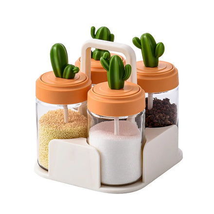 Creative Eco-Friendly Orange+Green Cactus Shape Glass Spice Jar Set with Rack and Spoon