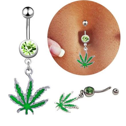 Stainless Steel Crystal Maple Leaf Belly Ring Fashion Women Jewelry Dangle Enamel Rhinestone Navel Belly Rings