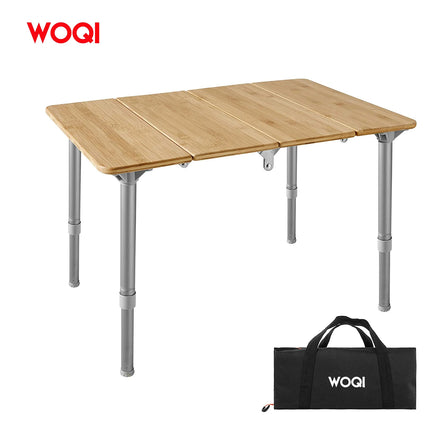 WOQI Outdoor Garden Party Adjustable Height Folded Table Bamboo Top Picnic Folding Camping Bbq Grill Table