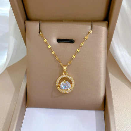 Trendy Gold Plated Stainless Steel Necklace Light Luxury Planet Temperament Micro Diamond Necklace Micro-set Diamond Necklace