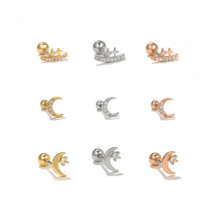 Zuola Wholesale Piercing Studs Earring 18K Real Gold Plated Jewelry Star Moon Shiny Zircon Ear Cartilage Unisex Daily Wear