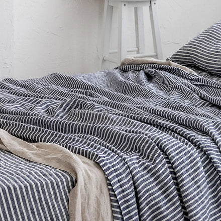 European Luxury Flax 100%Linen Stripe Single Organic Linen Flat Fitted Sheet