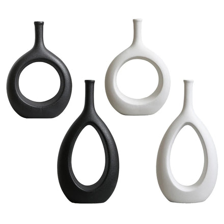 Home Decor Ceramic Vase Oval Hollow Flower Vase Room Decoration Centerpiece Figurines Ornament Modern Decorative Vases