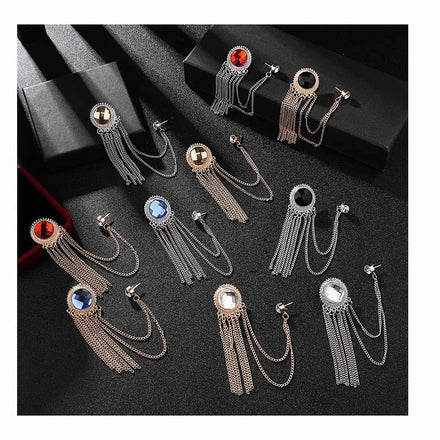 New Fashion Colored Gemstone Fringed Pin Badge Men's Suit Brooch Luxury blazer Chain Ornament Lapel Brooch With Tassel