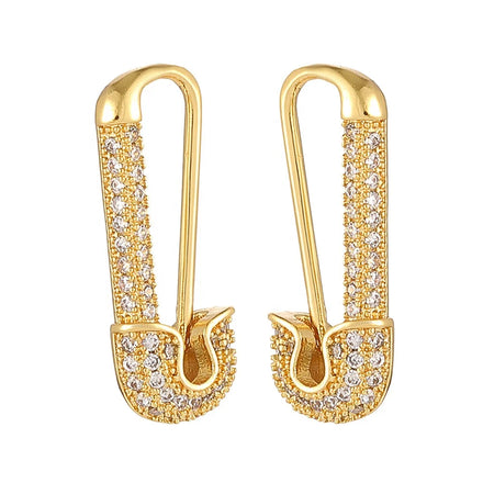 Fashion Personality Design Brass Full Cubic Cz Gold Plated Safety Pin Earring Three Color Style Zircon Right Left Earring