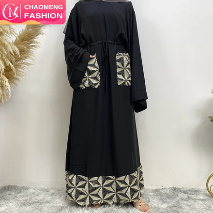 6402# Fashion Simplicity Nida Fabric With Small Sequins Tassel Front Pockets Casual Hidden Belt Crew Neck Muslim Dress