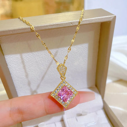 Newest Fashion Jewelry Stainless Steel Square Pendant Necklace Gold Plated Pink Crystal Choker Necklace for Women Girls