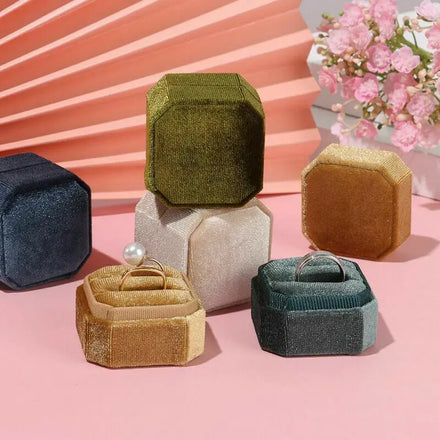 Octagonal Corduroy Double Ring Box Holder Rings Bearer Earring for Birthday Wedding