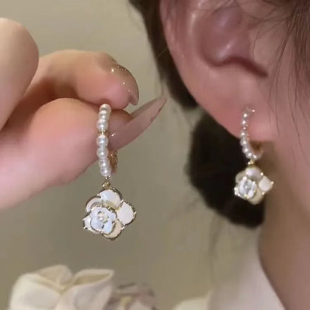 Gt Pearl Diamond Drop Oil Camellia Elegant Earrings Women