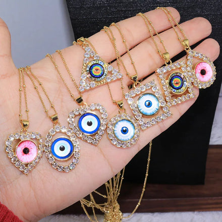 NZ1420 18K Gold Plated CZ Pave Evil Eyes Necklaces | Heart Square Triangle Evil Eyes Protection Pendants for Women