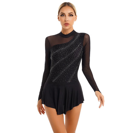 In Stock Womens Glitter Rhinestone Sheer Mesh Patchwork Long Sleeve Leotard Dress Figure Skating Dance Dresses