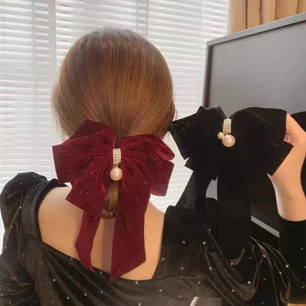 Korean Red Velvet Large Bow Hair Clip Pearl Pendant Metal Spring Clip for Girls Women Large Solid Hair Bows Hairpin Accessories