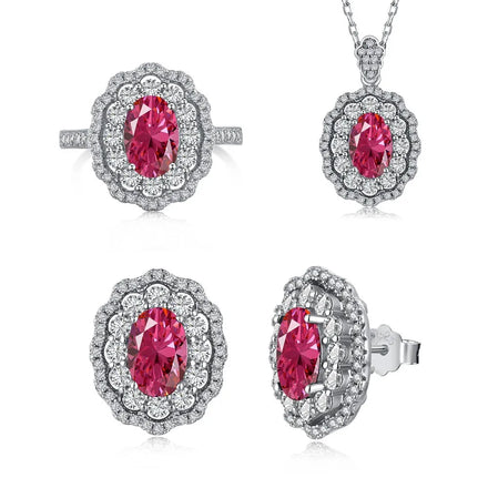 Elegant 925 Silver Jewelry Set for Brides Red Stone Pendant Necklace Earrings & Ring Crystal Fine Collection for Women