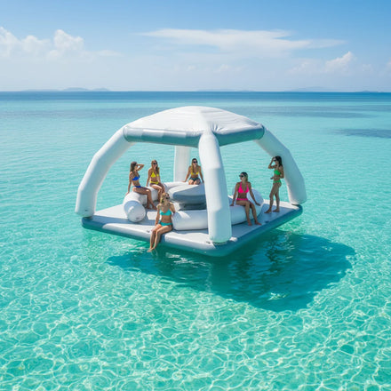 QIQU Water Lounge Tent Island With Sofa Table for Resort Rental Luxury Inflatable Floating Bar