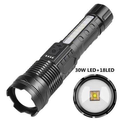 High Power 30W LED+18LED Flashlight Built-in Type-C Charging Power Display With Clip Long Range Torch for Camping