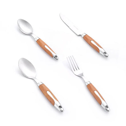 Creative Stainless Steel Wooden Handle Cutlery Western Food Knife Fork Spoon Portable Flatware 24pcs Set with Stand