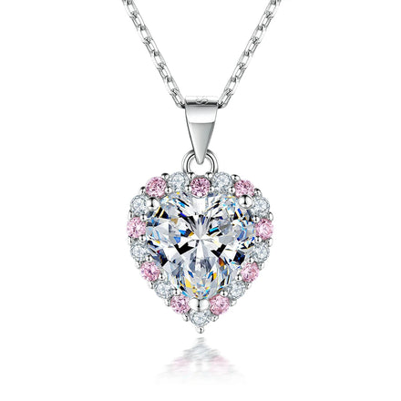 Sparking Fadeless pink and White Cubic Zircon 925 Sterling Silver Elegant Heart Pendant Necklace for Women